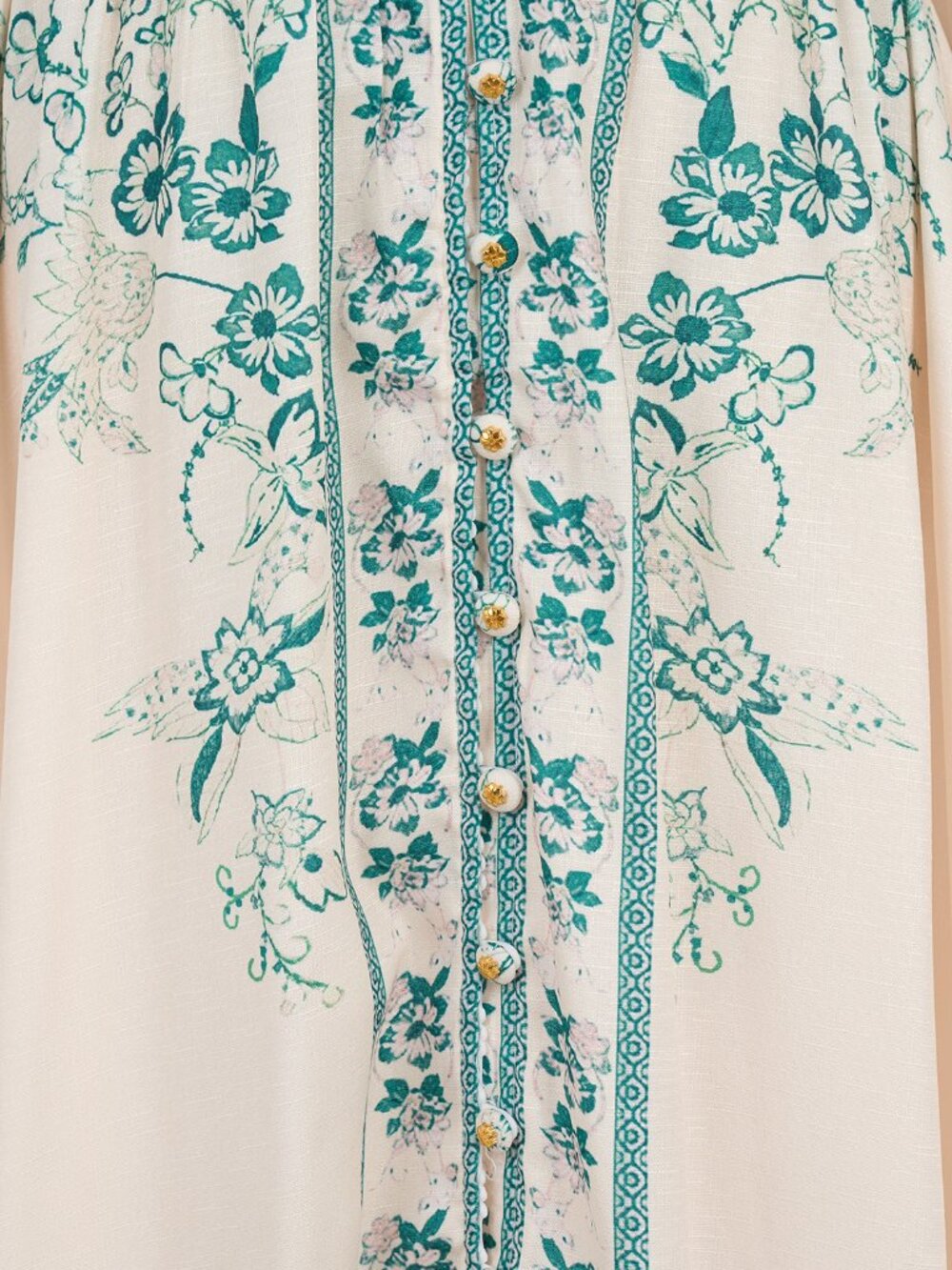 Vintage Cream & Teal Floral Bird Print Prairie Maxi Dress - Picture 11 of 14